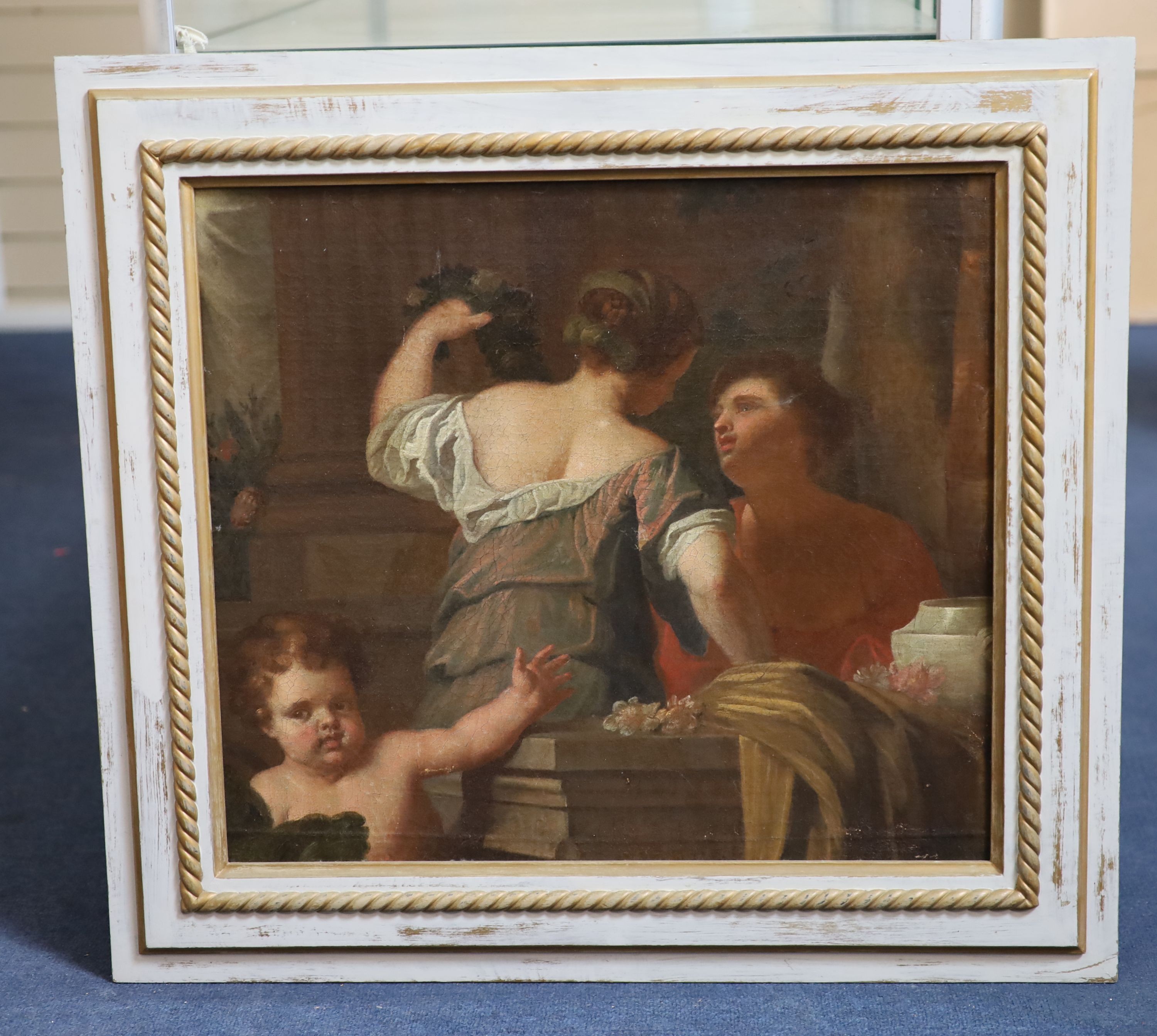 Attributed to Matthus Termesten, Two ladies with flowers and a putto, Oil on canvas, 49 x 55cm.